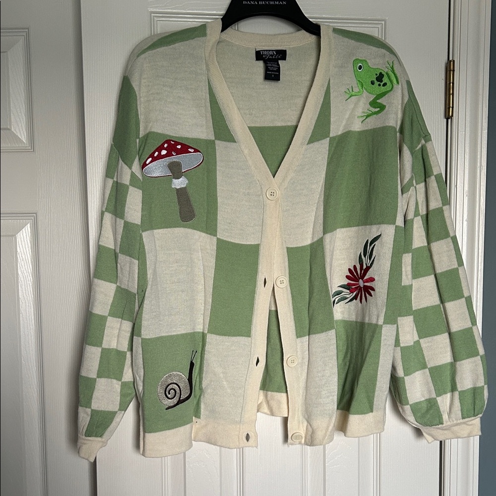 Green and Cream Checkered Cardigan with Embroidery